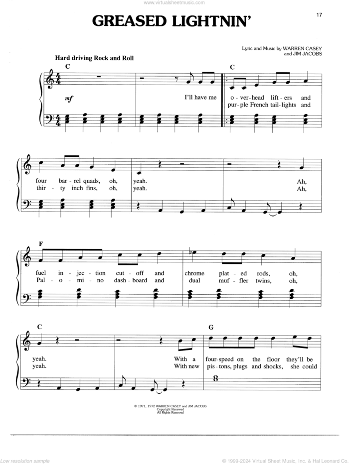 Greased Lightnin' (from Grease) sheet music for piano solo by Warren Casey & Jim Jacobs, Jim Jacobs and Warren Casey, easy skill level