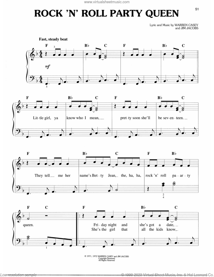 Rock 'N' Roll Party Queen (from Grease) sheet music for piano solo by Warren Casey & Jim Jacobs, Jim Jacobs and Warren Casey, easy skill level