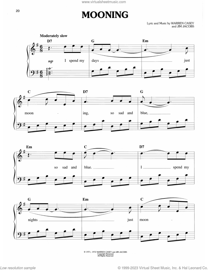 Mooning (from Grease) sheet music for piano solo by Warren Casey & Jim Jacobs, Jim Jacobs and Warren Casey, easy skill level