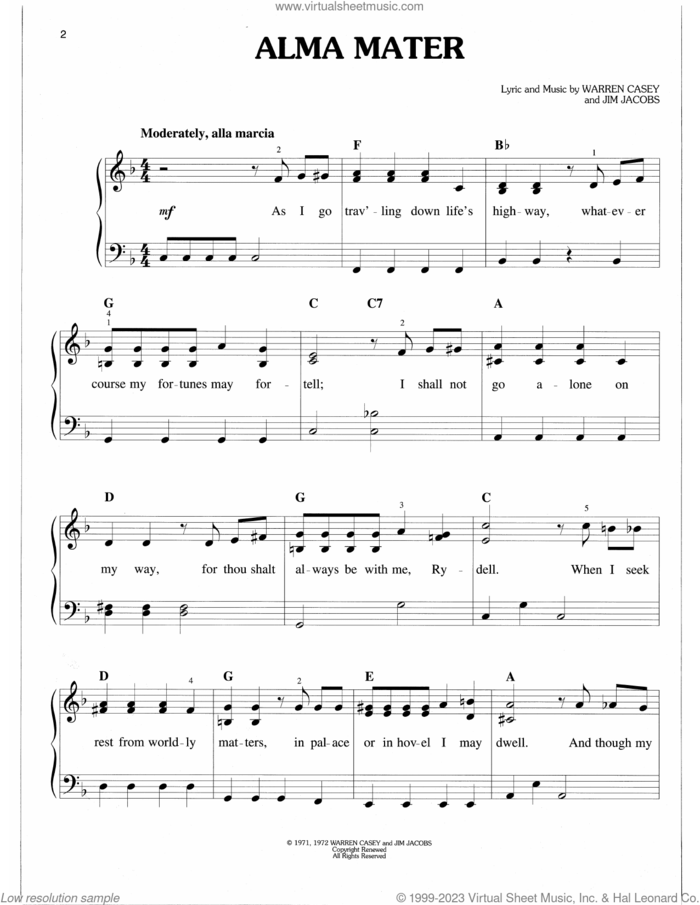 Alma Mater (from Grease) sheet music for piano solo by Warren Casey & Jim Jacobs, Jim Jacobs and Warren Casey, easy skill level