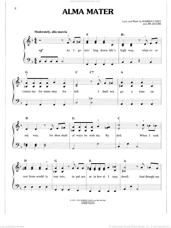 Alma Mater (from Grease) sheet music for piano solo by Warren Casey & Jim Jacobs, Jim Jacobs and Warren Casey, easy skill level