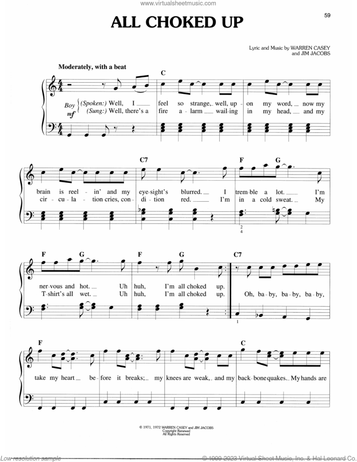 All Choked Up (from Grease) sheet music for piano solo by Warren Casey & Jim Jacobs, Jim Jacobs and Warren Casey, easy skill level