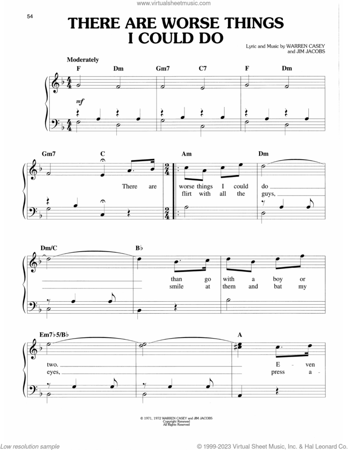 There Are Worse Things I Could Do (from Grease) sheet music for piano solo by Warren Casey & Jim Jacobs, Jim Jacobs and Warren Casey, easy skill level