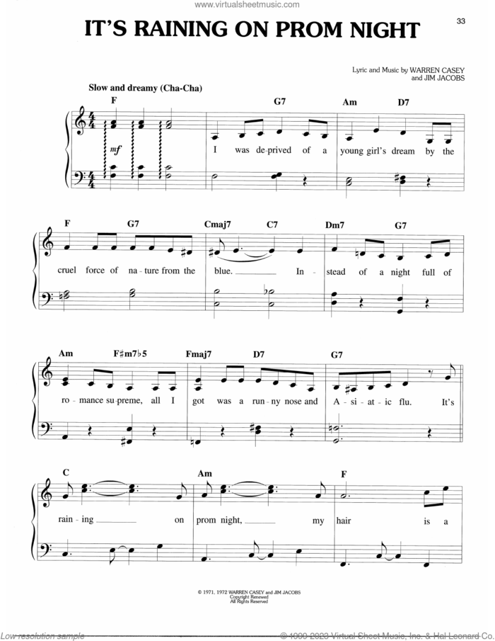 It's Raining On Prom Night (from Grease) sheet music for piano solo by Warren Casey & Jim Jacobs, Jim Jacobs and Warren Casey, easy skill level
