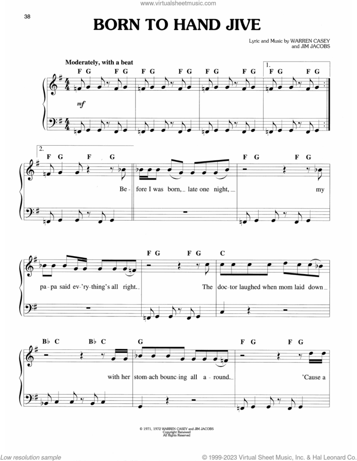 Born To Hand Jive (from Grease) sheet music for piano solo by Warren Casey & Jim Jacobs, Jim Jacobs and Warren Casey, easy skill level
