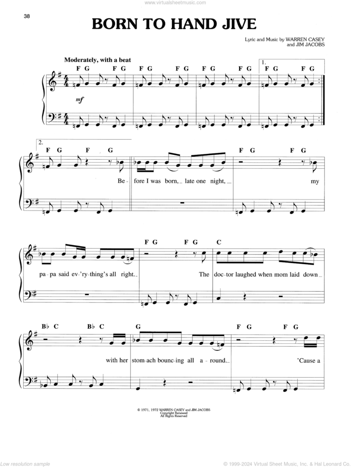 Born To Hand Jive (from Grease) sheet music for piano solo by Warren Casey & Jim Jacobs, Jim Jacobs and Warren Casey, easy skill level