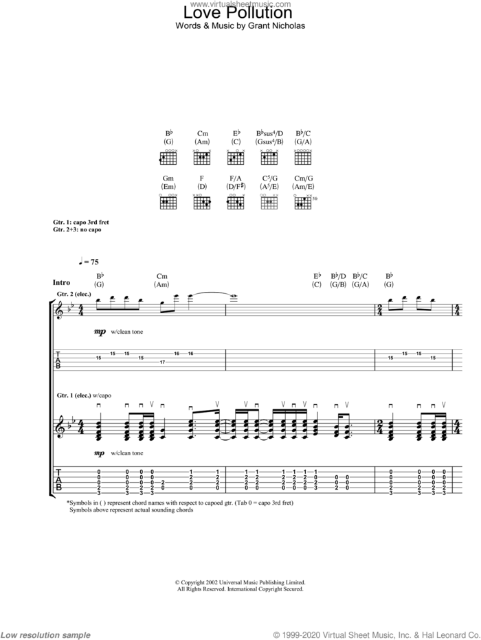 Love Pollution sheet music for guitar (tablature) by Feeder, intermediate skill level