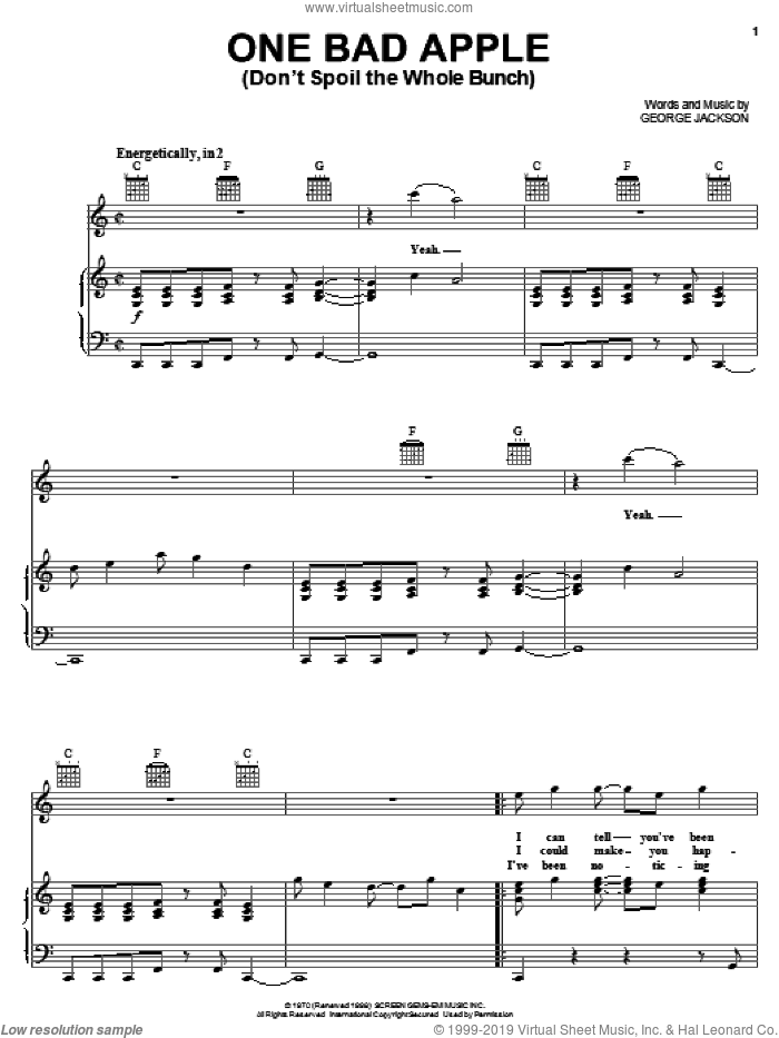 One Bad Apple (Don't Spoil The Whole Bunch) sheet music for voice, piano or guitar by The Jackson 5, Michael Jackson and George Jackson, intermediate skill level