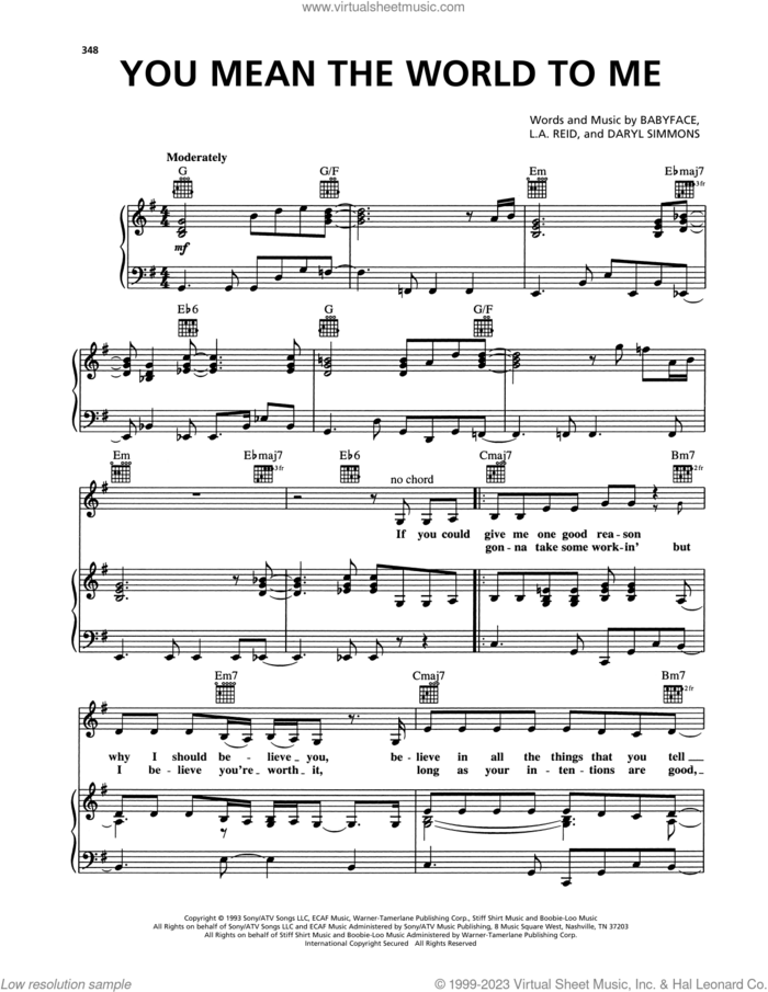 You Mean The World To Me sheet music for voice, piano or guitar by Toni Braxton, Babyface, Daryl Simmons and L.A. Reid, intermediate skill level