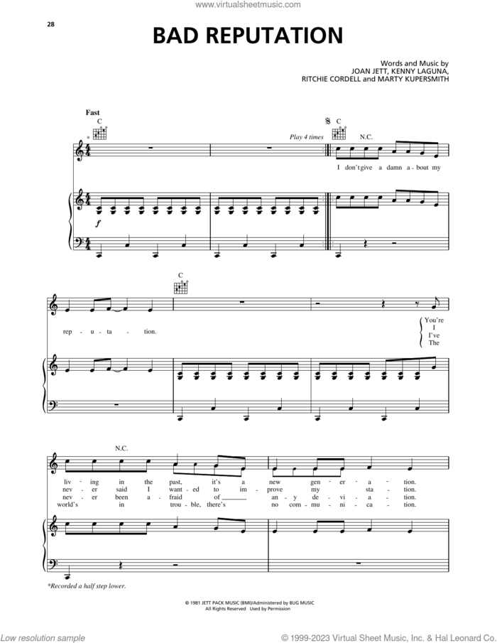 Bad Reputation sheet music for voice, piano or guitar by Joan Jett, Kenny Laguna, Marty Kupersmith and Ritchie Cordell, intermediate skill level