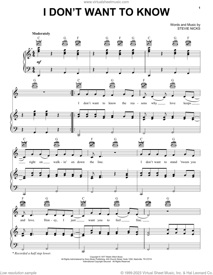 I Don't Want To Know sheet music for voice, piano or guitar by Fleetwood Mac and Stevie Nicks, intermediate skill level