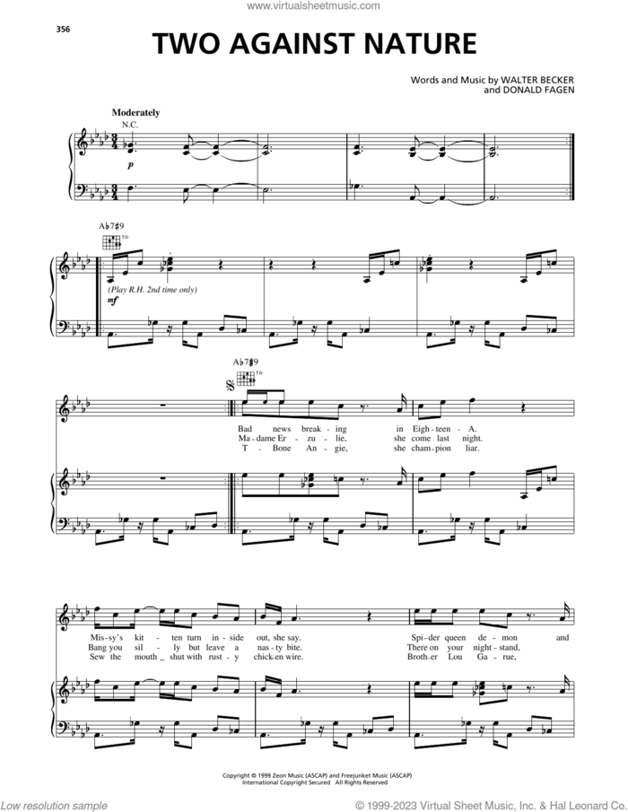 Two Against Nature sheet music for voice, piano or guitar by Steely Dan, Donald Fagen and Walter Becker, intermediate skill level
