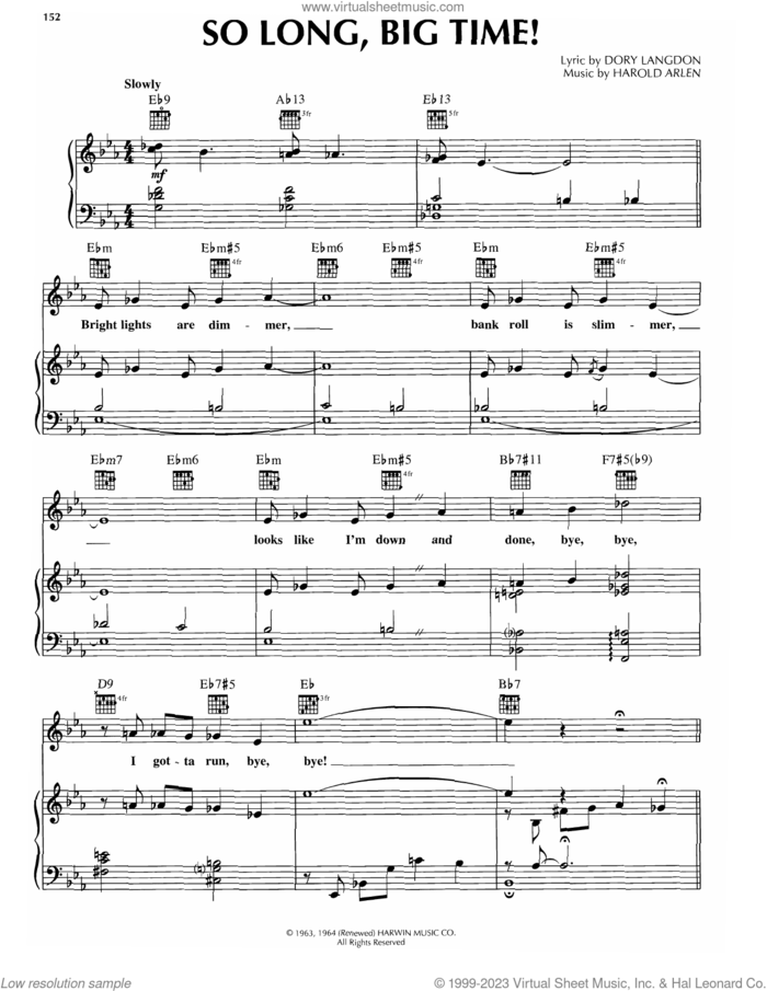 So Long, Big Time! sheet music for voice, piano or guitar by Tony Bennett, Dory Langdon and Harold Arlen, intermediate skill level