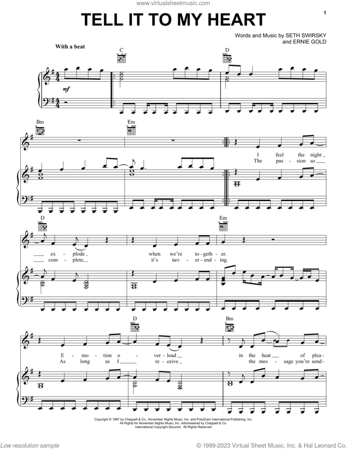 Tell It To My Heart sheet music for voice, piano or guitar by Taylor Dayne, Ernie Gold and Seth Swirsky, intermediate skill level