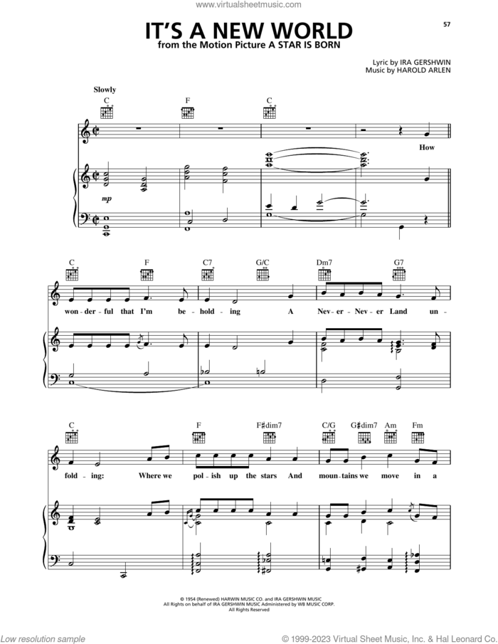 It's A New World (from A Star Is Born) (1954) sheet music for voice, piano or guitar by Judy Garland, Harold Arlen and Ira Gershwin, intermediate skill level