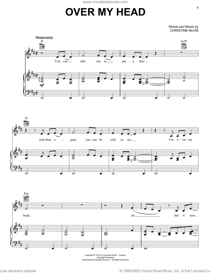 Over My Head sheet music for voice, piano or guitar by Fleetwood Mac and Christine McVie, intermediate skill level
