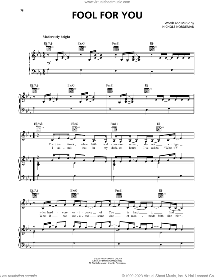 Fool For You sheet music for voice, piano or guitar by Nichole Nordeman, intermediate skill level