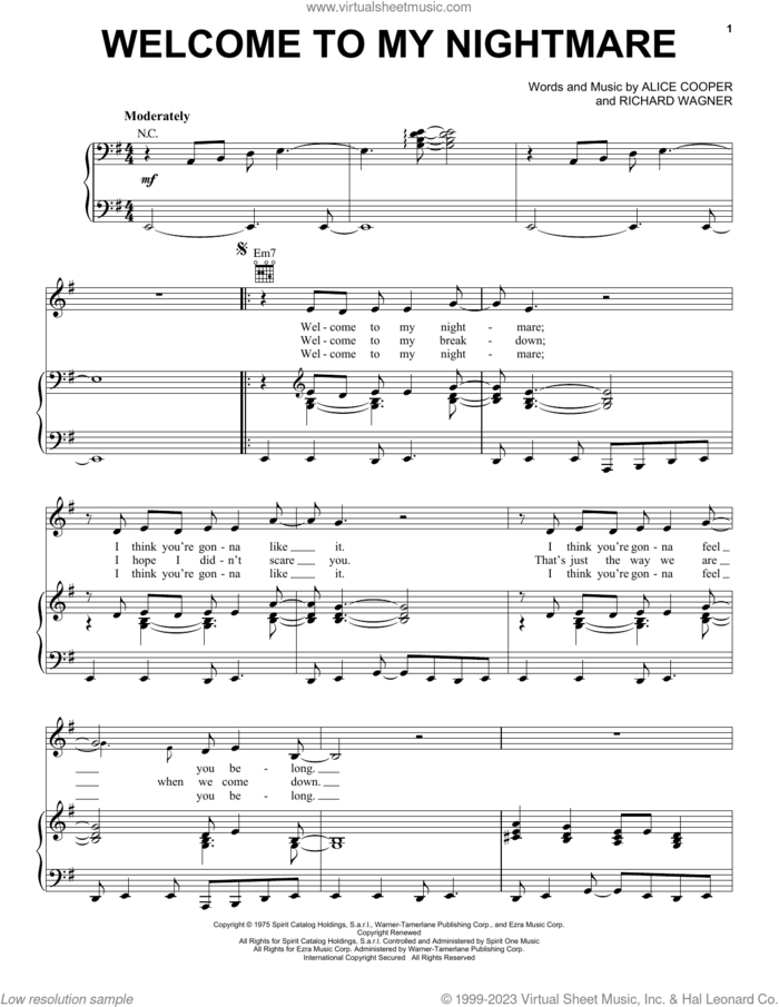 Welcome To My Nightmare sheet music for voice, piano or guitar by Alice Cooper and Richard Wagner, intermediate skill level
