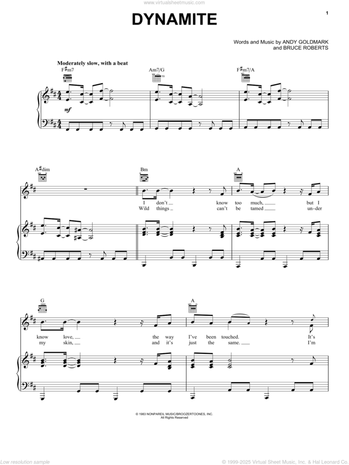 Dynamite sheet music for voice, piano or guitar by Jermaine Jackson, Andy Goldmark and Bruce Roberts, intermediate skill level