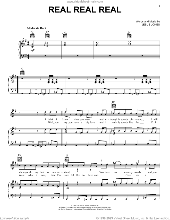 Real Real Real sheet music for voice, piano or guitar by Jesus Jones, intermediate skill level