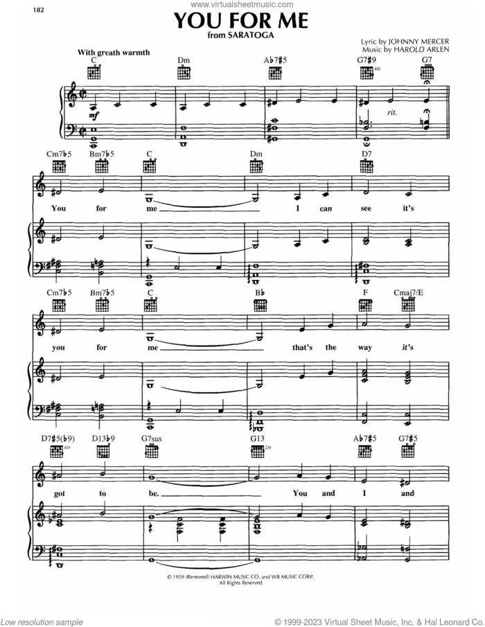 You For Me (from Saratoga) sheet music for voice, piano or guitar by Harold Arlen and Johnny Mercer, intermediate skill level