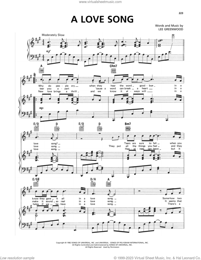 A Love Song sheet music for voice, piano or guitar by Kenny Rogers and Lee Greenwood, intermediate skill level