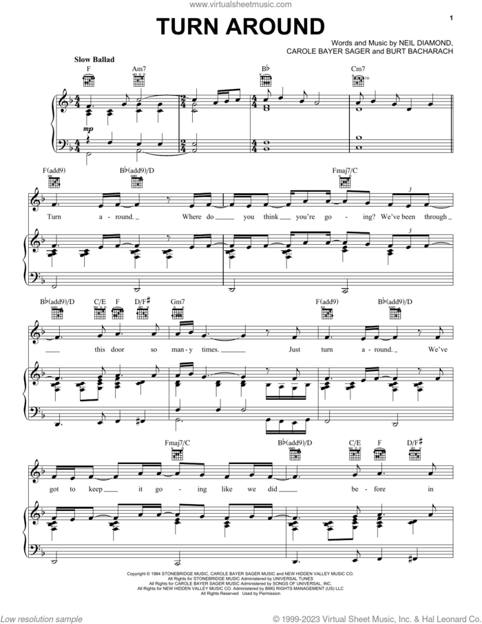 Turn Around sheet music for voice, piano or guitar by Neil Diamond, Burt Bacharach and Carole Bayer Sager, wedding score, intermediate skill level