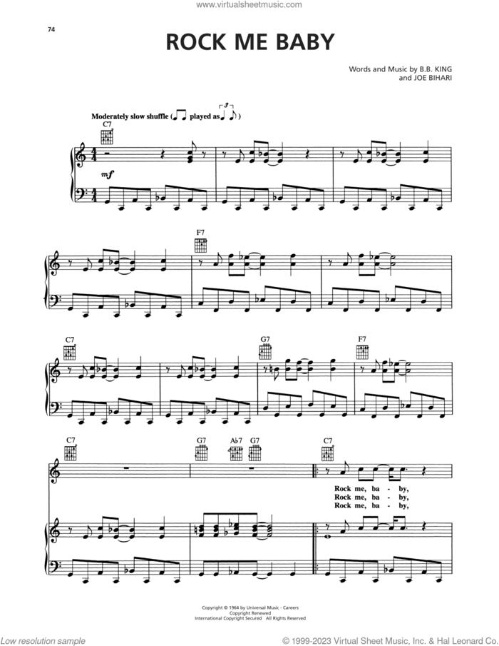 Rock Me Baby sheet music for voice, piano or guitar by B.B. King, Johnny Winter and Joe Bihari, intermediate skill level