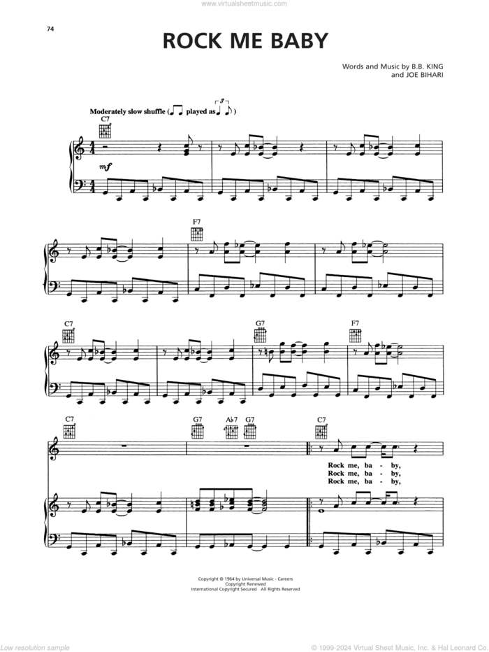 Rock Me Baby sheet music for voice, piano or guitar by B.B. King, Johnny Winter and Joe Bihari, intermediate skill level