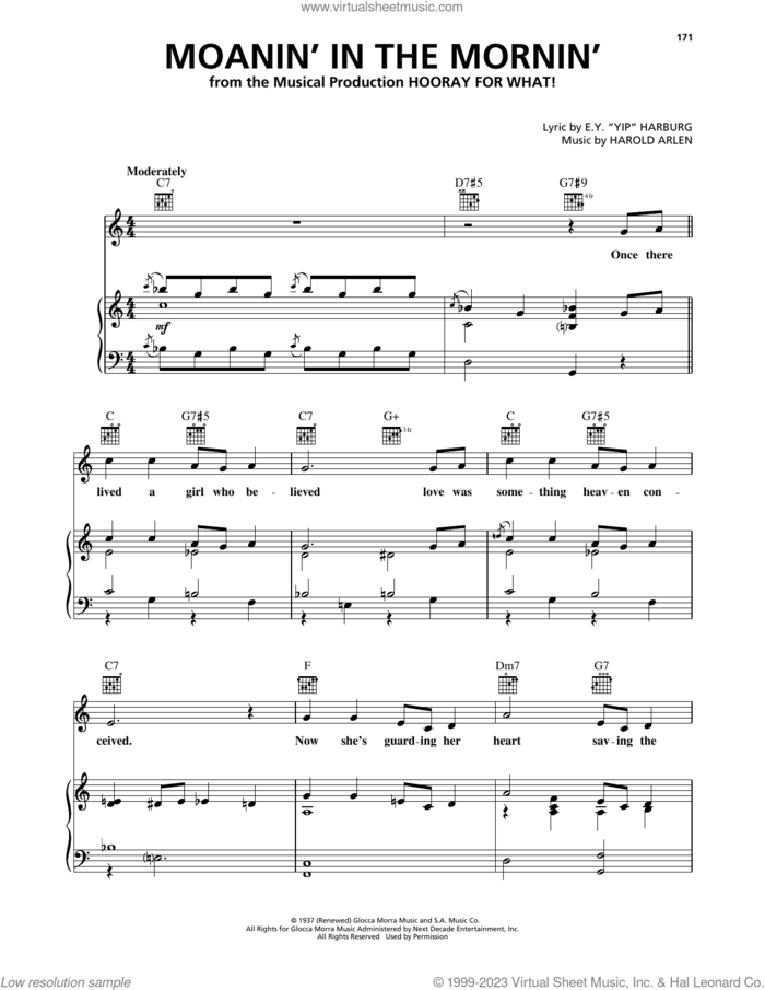 Moanin' In The Mornin' (from Hooray For What!) sheet music for voice, piano or guitar by Harold Arlen and E.Y. Harburg, intermediate skill level