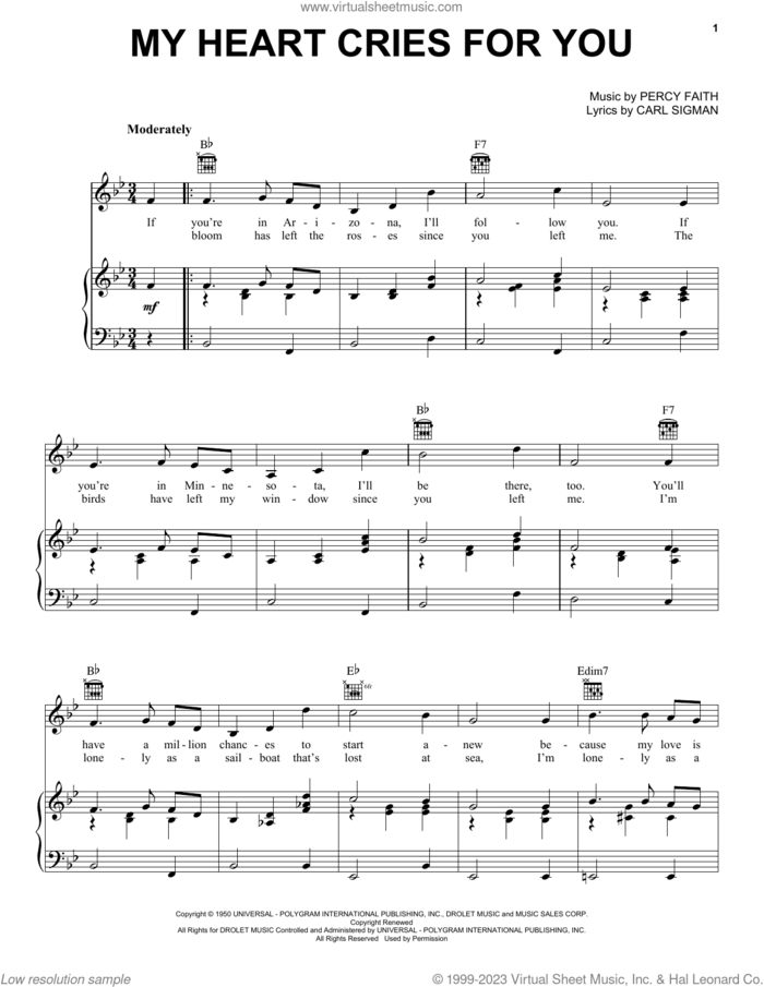My Heart Cries For You sheet music for voice, piano or guitar by Jimmy Wakely, Carl Sigman and Percy Faith, intermediate skill level