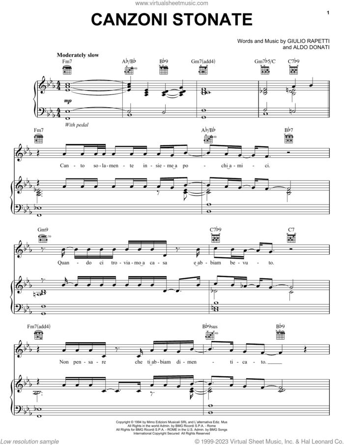 Canzoni Stonate sheet music for voice, piano or guitar by Andrea Bocelli, Aldo Donati and Giulio Rapetti, classical score, intermediate skill level