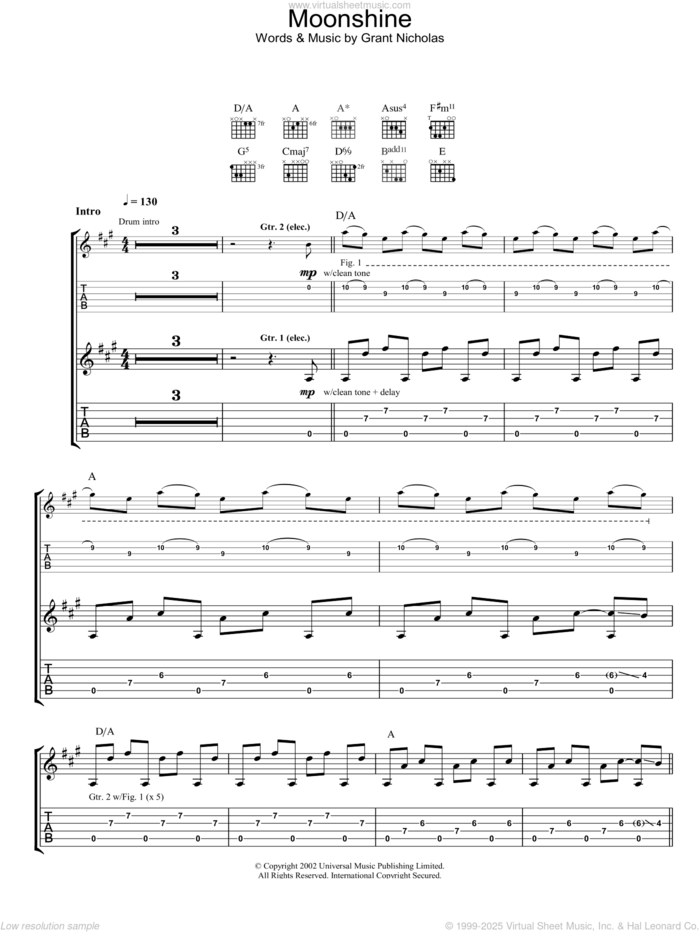 Moonshine sheet music for guitar (tablature) by Feeder, intermediate skill level