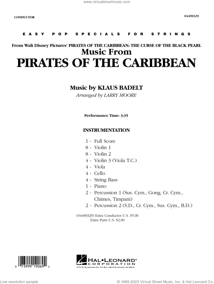 Music from Pirates Of The Caribbean (arr. Larry Moore) (COMPLETE) sheet music for orchestra by Larry Moore and Klaus Badelt, intermediate skill level