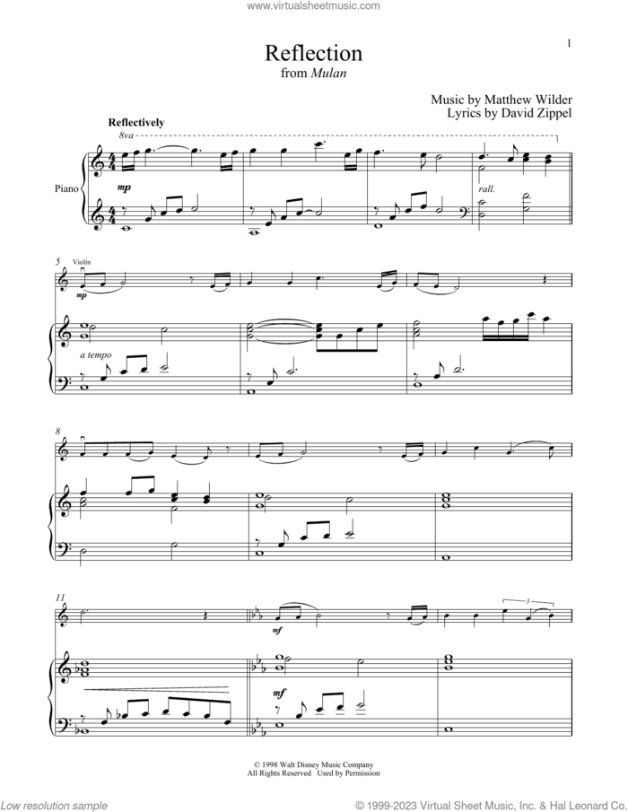 Reflection (from Mulan) sheet music for violin and piano by David Zippel, Matthew Wilder and Matthew Wilder & David Zippel, intermediate skill level