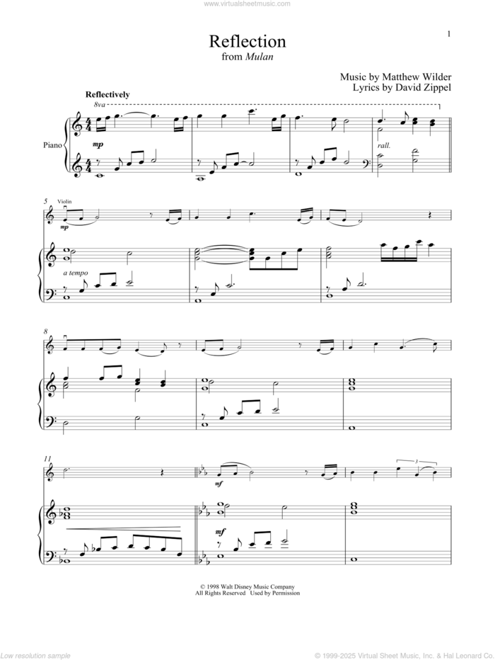 Reflection (from Mulan) sheet music for violin and piano by David Zippel, Matthew Wilder and Matthew Wilder & David Zippel, intermediate skill level