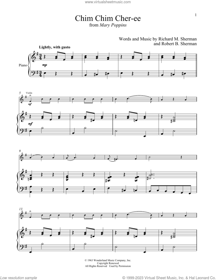 Chim Chim Cher-ee (from Mary Poppins) sheet music for violin and piano by Richard M. Sherman, Robert B. Sherman and Sherman Brothers, intermediate skill level