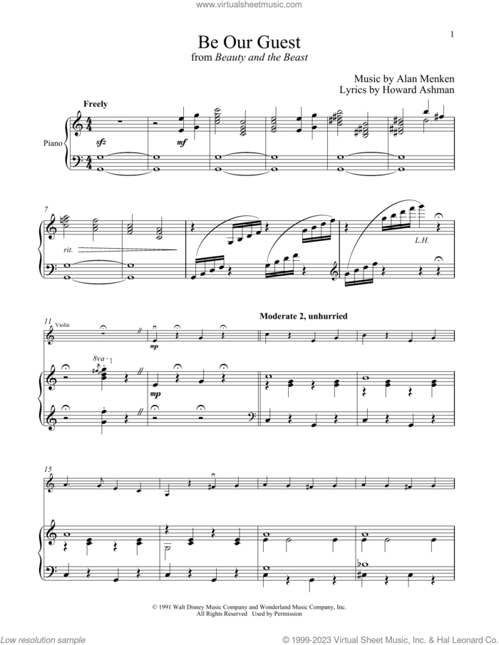 Be Our Guest (from Beauty And The Beast) sheet music for violin and piano by Alan Menken, Alan Menken & Howard Ashman and Howard Ashman, intermediate skill level
