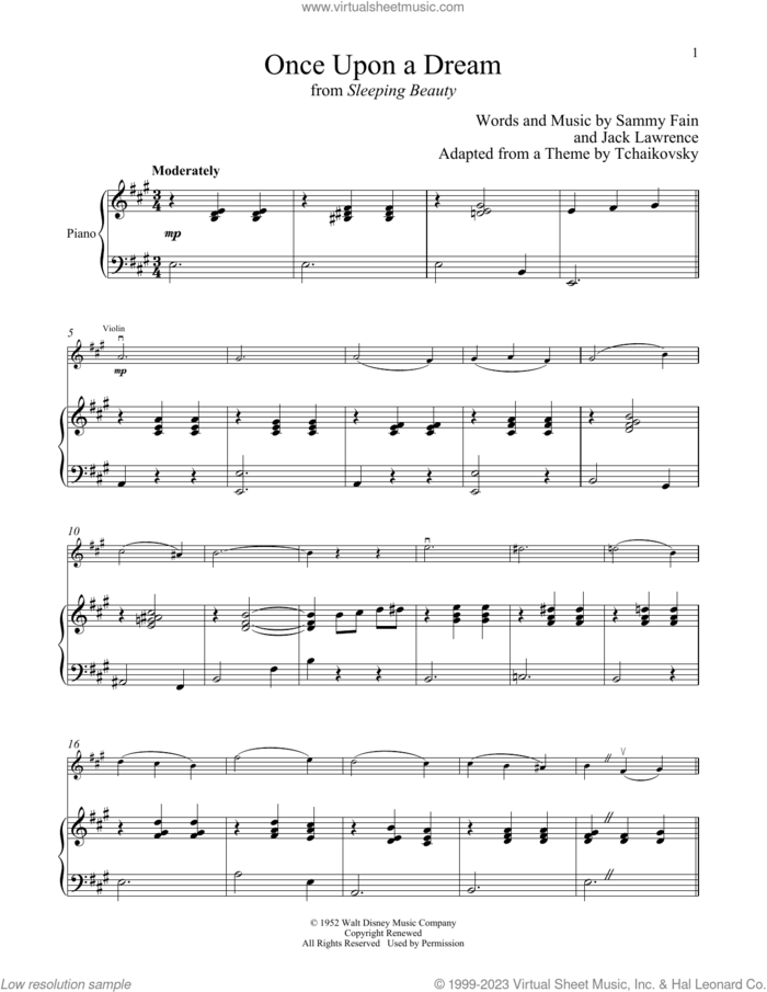 Once Upon A Dream (from Sleeping Beauty) sheet music for violin and piano by Sammy Fain, Jack Lawrence and Sammy Fain & Jack Lawrence, intermediate skill level