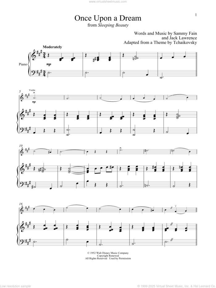 Once Upon A Dream (from Sleeping Beauty) sheet music for violin and piano by Sammy Fain, Jack Lawrence and Sammy Fain & Jack Lawrence, intermediate skill level