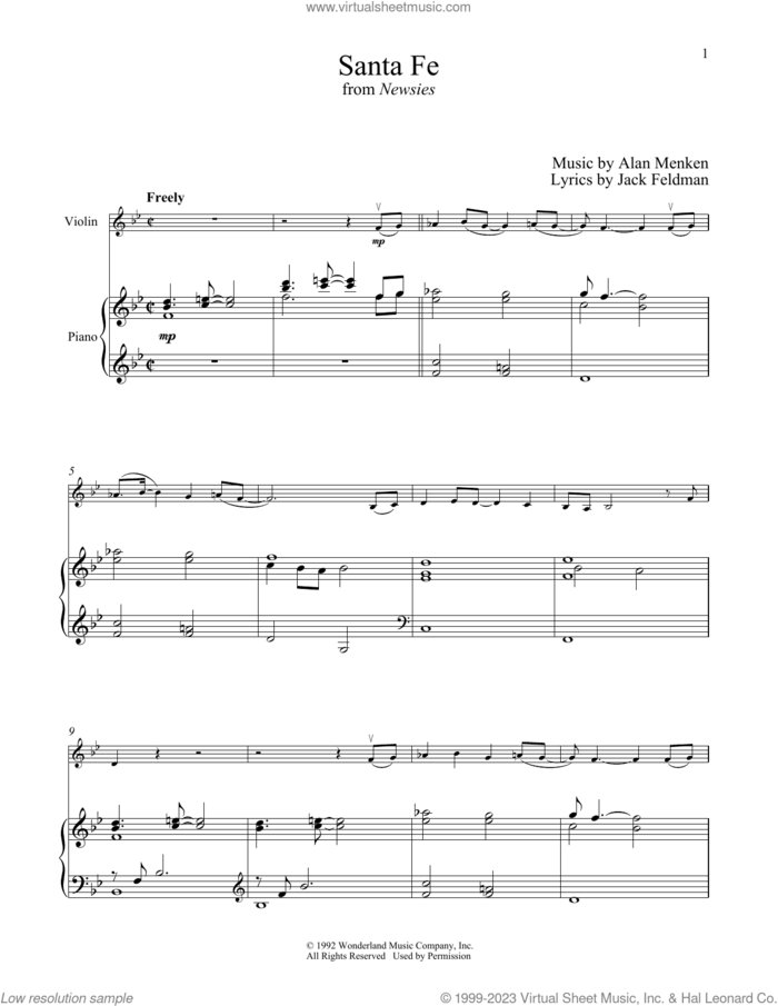 Santa Fe sheet music for violin and piano by Alan Menken and Jack Feldman, intermediate skill level