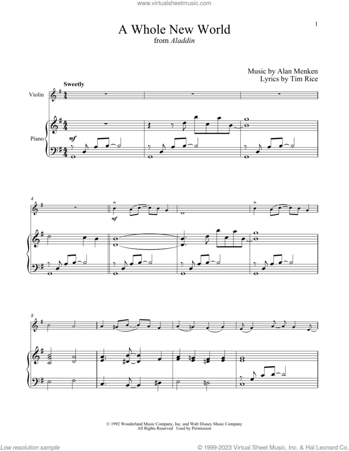 A Whole New World (from Aladdin) sheet music for violin and piano by Alan Menken, Alan Menken & Tim Rice and Tim Rice, intermediate skill level