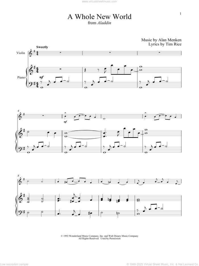 A Whole New World (from Aladdin) sheet music for violin and piano by Alan Menken, Alan Menken & Tim Rice and Tim Rice, intermediate skill level