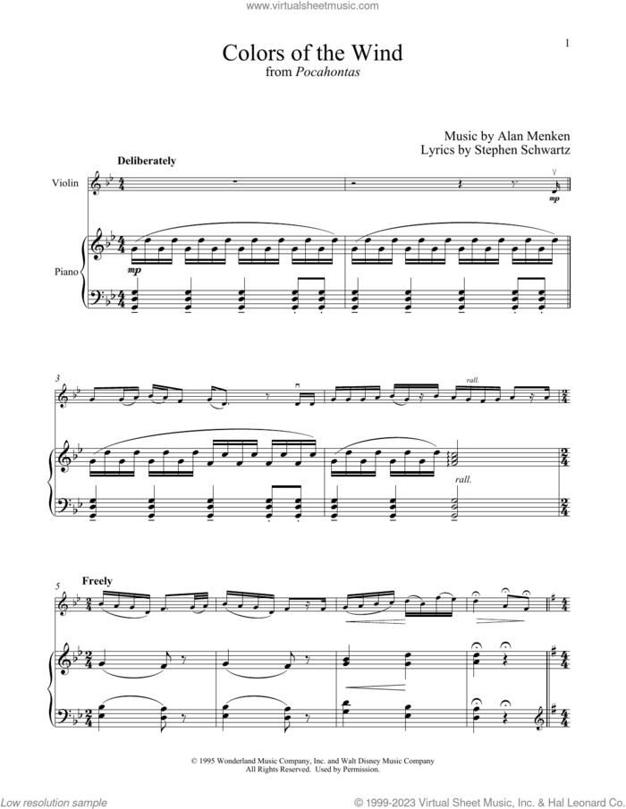 Colors Of The Wind (from Pocahontas) sheet music for violin and piano by Alan Menken, Vanessa Williams and Stephen Schwartz, intermediate skill level
