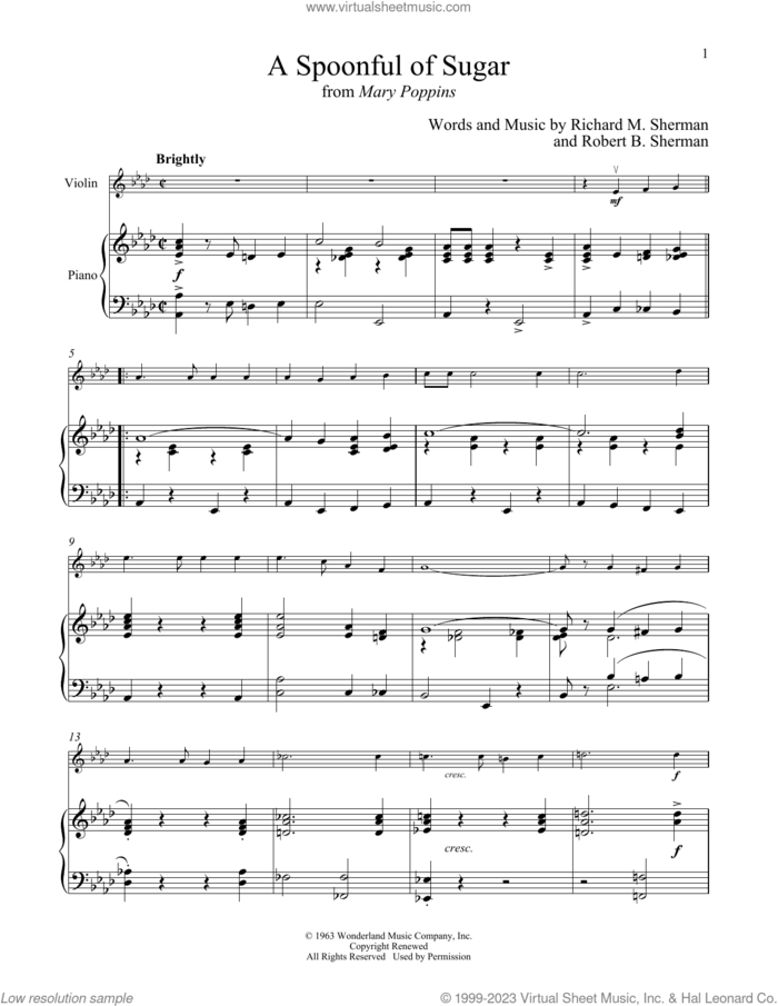 A Spoonful Of Sugar (from Mary Poppins) sheet music for violin and piano by Richard M. Sherman, Robert B. Sherman and Sherman Brothers, intermediate skill level
