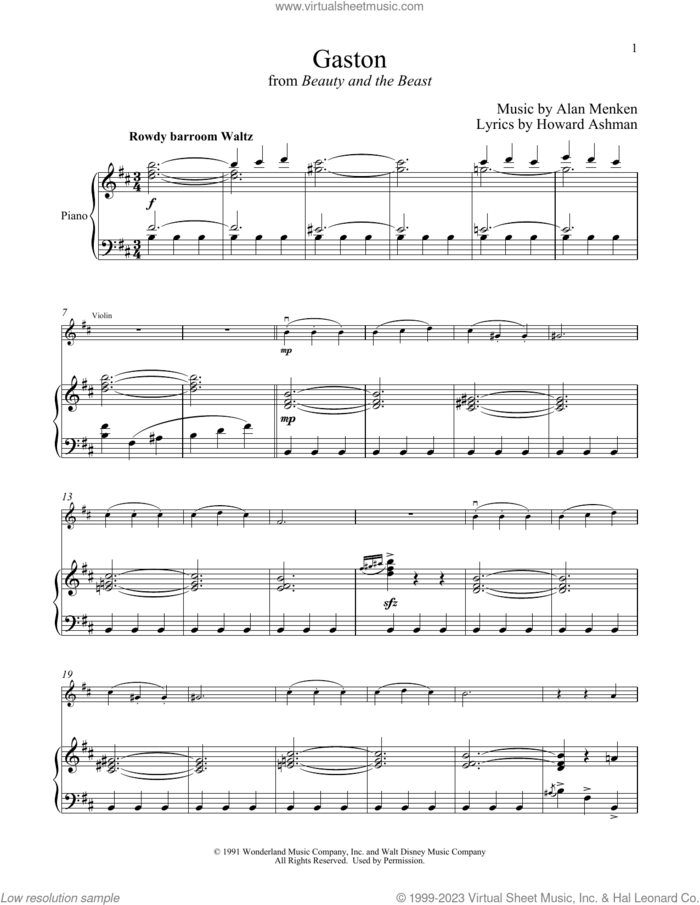 Gaston (from Beauty And The Beast) sheet music for violin and piano by Alan Menken, Alan Menken & Howard Ashman and Howard Ashman, intermediate skill level