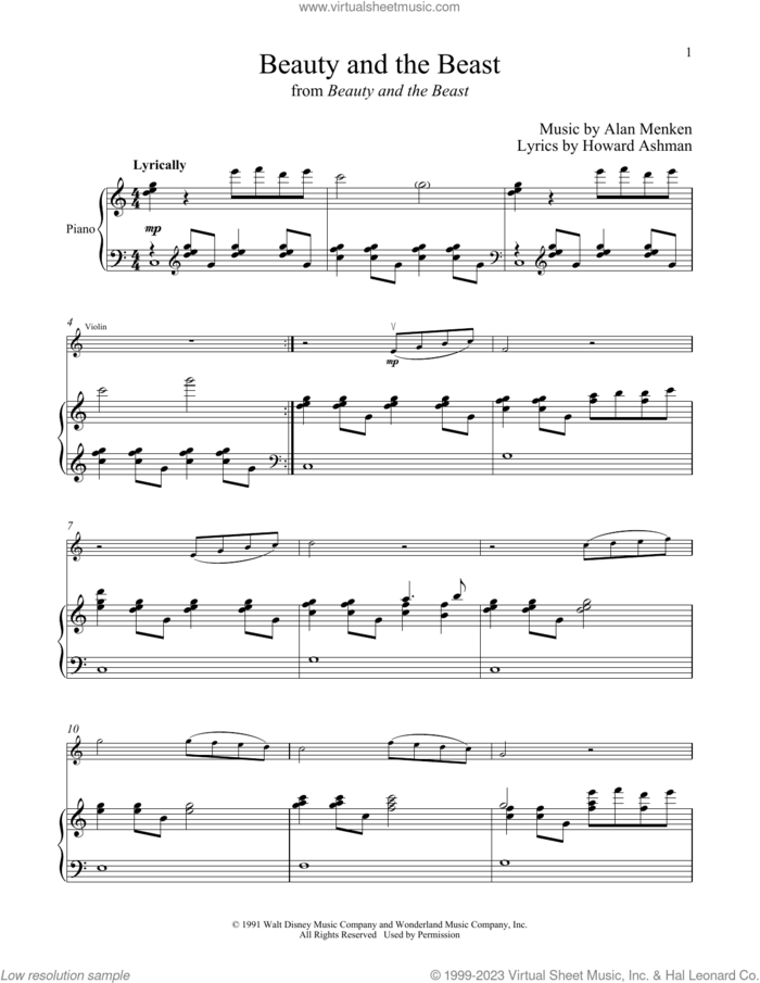 Beauty And The Beast sheet music for violin and piano by Alan Menken, Alan Menken & Howard Ashman and Howard Ashman, intermediate skill level