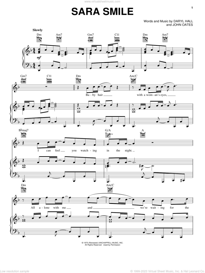 Sara Smile sheet music for voice, piano or guitar by Daryl Hall, Hall and Oates and John Oates, intermediate skill level