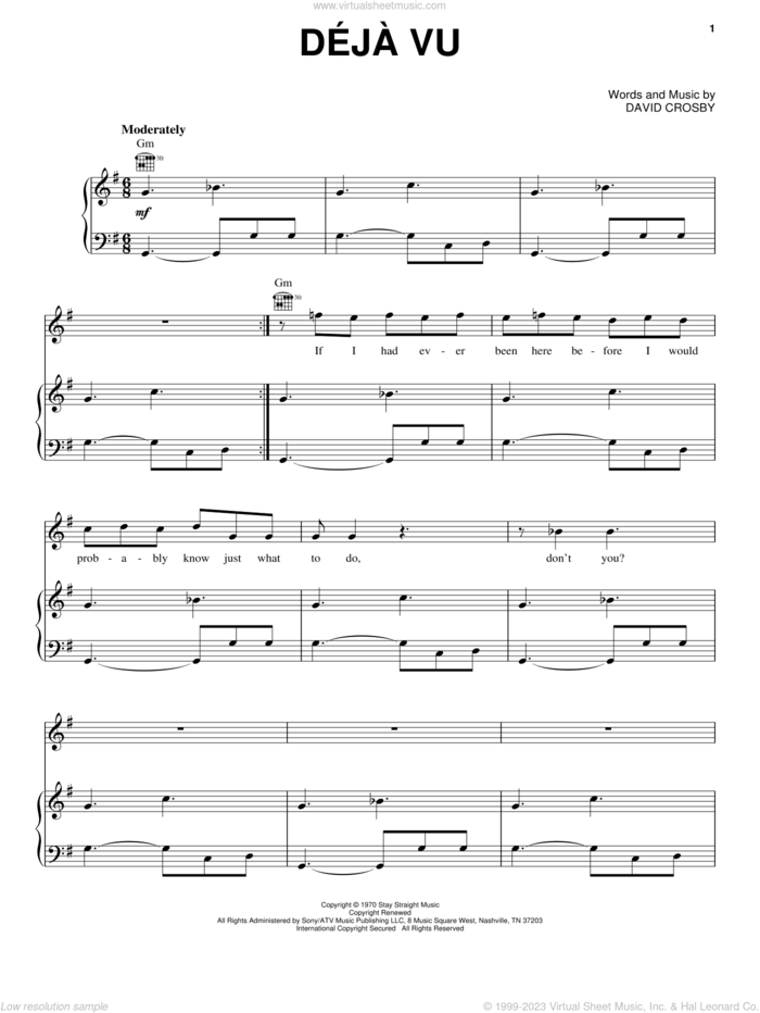 Deja Vu sheet music for voice, piano or guitar by Crosby, Stills & Nash and David Crosby, intermediate skill level