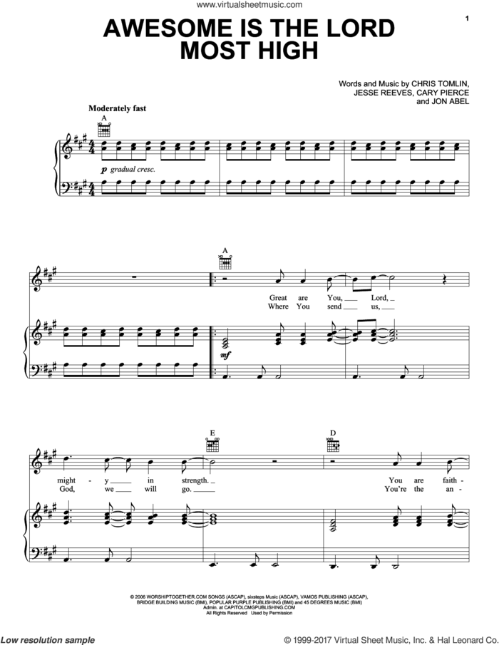 Awesome Is The Lord Most High sheet music for voice, piano or guitar by Chris Tomlin, Brenton Brown, Cary Pierce, Jesse Reeves and Jon Abel, intermediate skill level